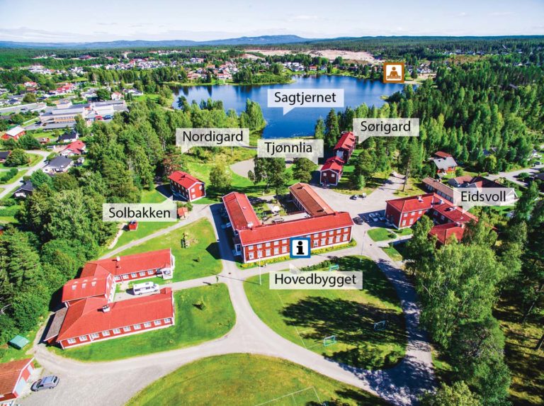 Oversiktsbilde over internatene på Elverum folkehøgskole med navn